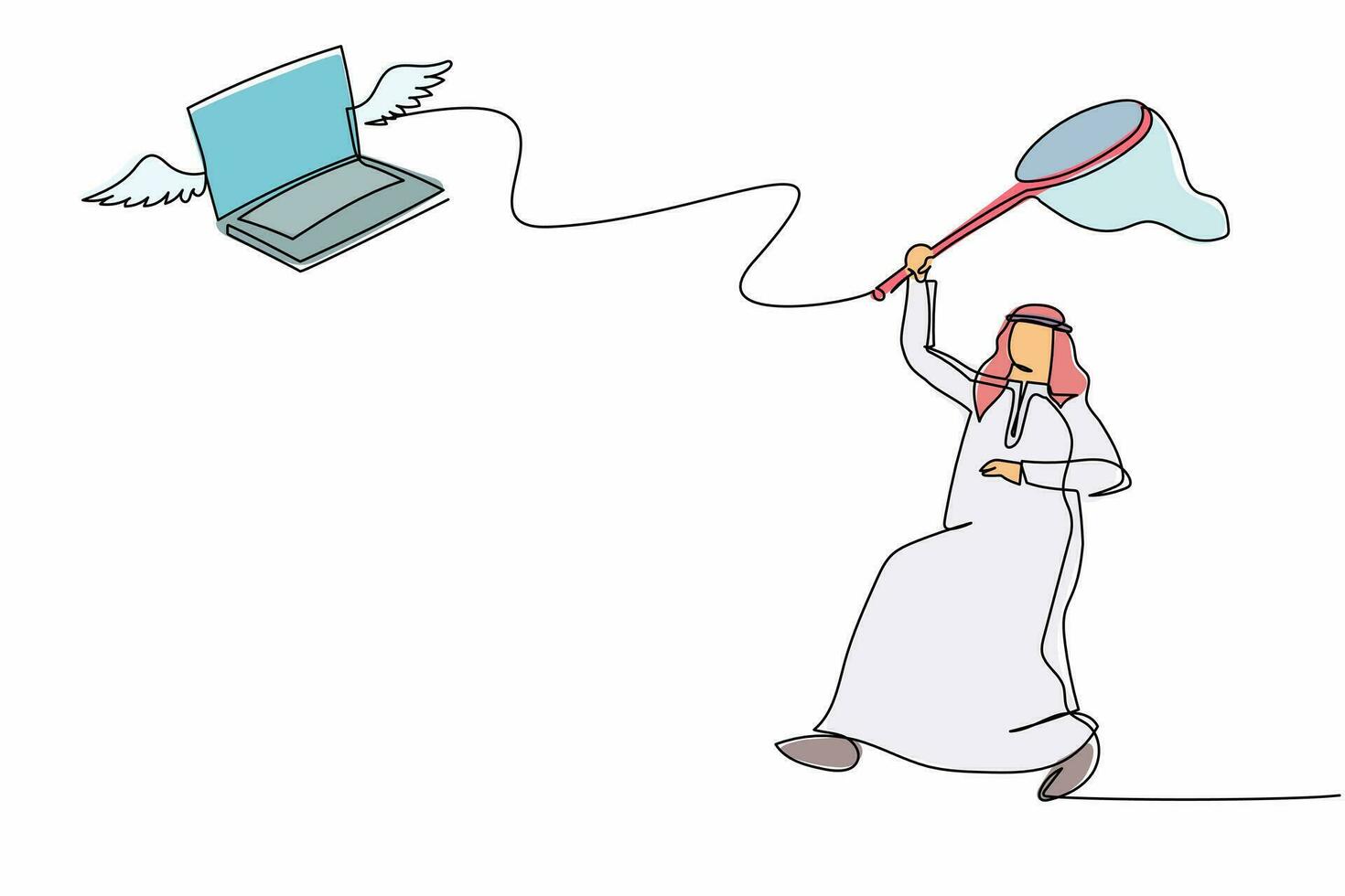 un solo hombre de negocios árabe de dibujo de una línea intenta atrapar una computadora portátil voladora con una red de mariposas. pérdida de datos importantes de la empresa. metáfora empresarial. ilustración de vector gráfico de diseño de dibujo de línea continua