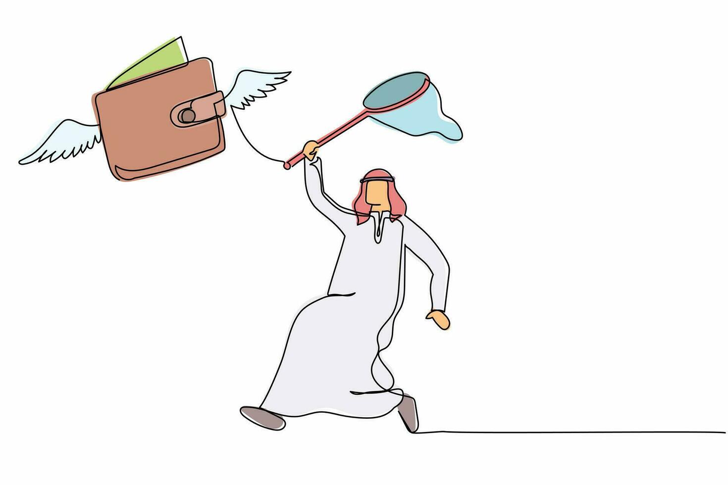 Single continuous line drawing Arabian businessman try to catching flying wallet with butterfly net. Snack money lost on the road. Business metaphor. One line draw graphic design vector illustration