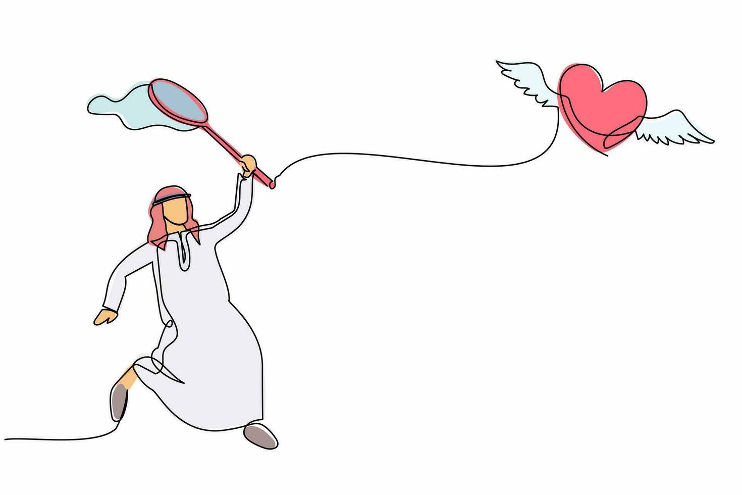 Un hombre de negocios árabe de dibujo de una sola línea intenta atrapar el corazón volador con una red de mariposas. ruptura de relación o amistad. metáfora empresarial. ilustración de vector gráfico de diseño de dibujo de línea continua