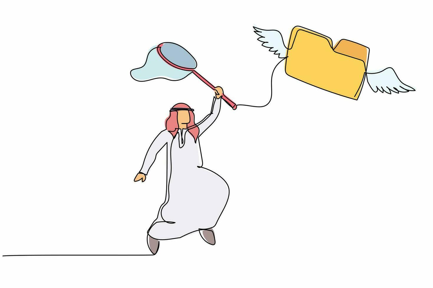 un solo hombre de negocios árabe de dibujo de una línea intenta atrapar una carpeta voladora con una red de mariposas. perder documento y archivo de archivo. metáfora empresarial. ilustración de vector gráfico de diseño de dibujo de línea continua