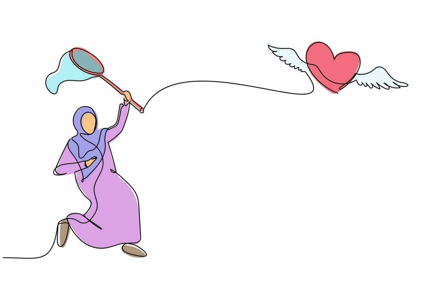 Single one line drawing Arabian businesswoman try to catching flying heart with butterfly net. Breakup concept. Relationship that can't be continued. Continuous line design graphic vector illustration