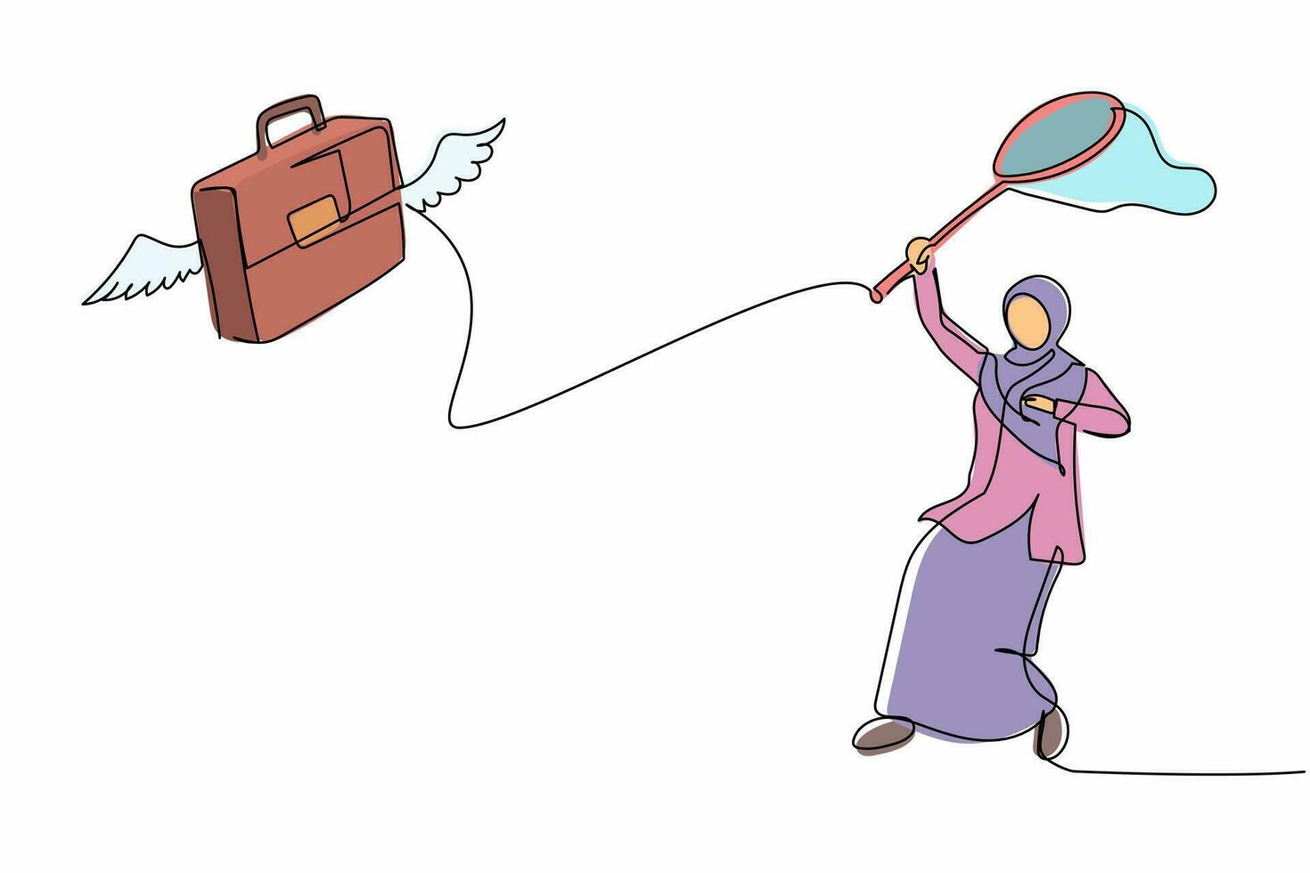 dibujo de una línea continua mujer de negocios árabe intenta atrapar maletín volador con red de mariposas. perder el trabajo o la empresa de carrera de oficina. crisis global. ilustración gráfica de vector de diseño de línea única