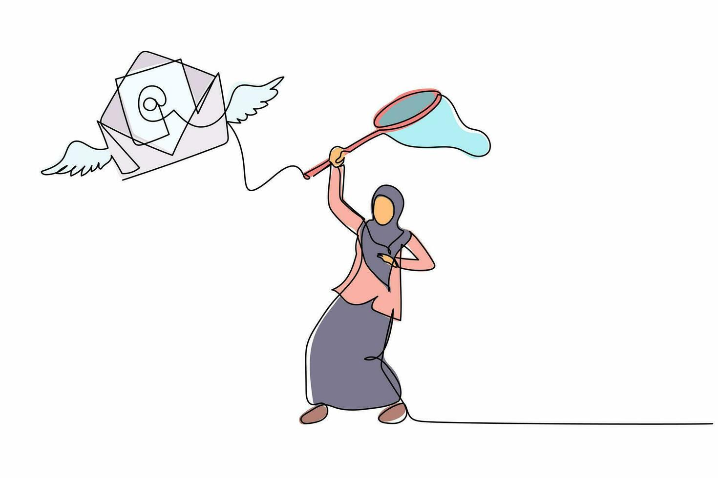 Single one line drawing Arab businesswoman try to catching flying mail with butterfly net. Missing mailing envelopes letter from job interview. Continuous line draw design graphic vector illustration