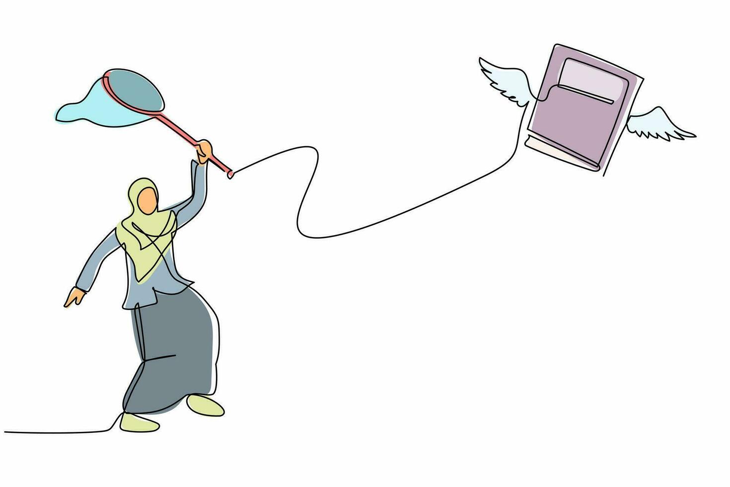 Single one line drawing Arabian businesswoman try to catching flying book with butterfly net. Poor country with reading and education problem. Continuous line draw design graphic vector illustration