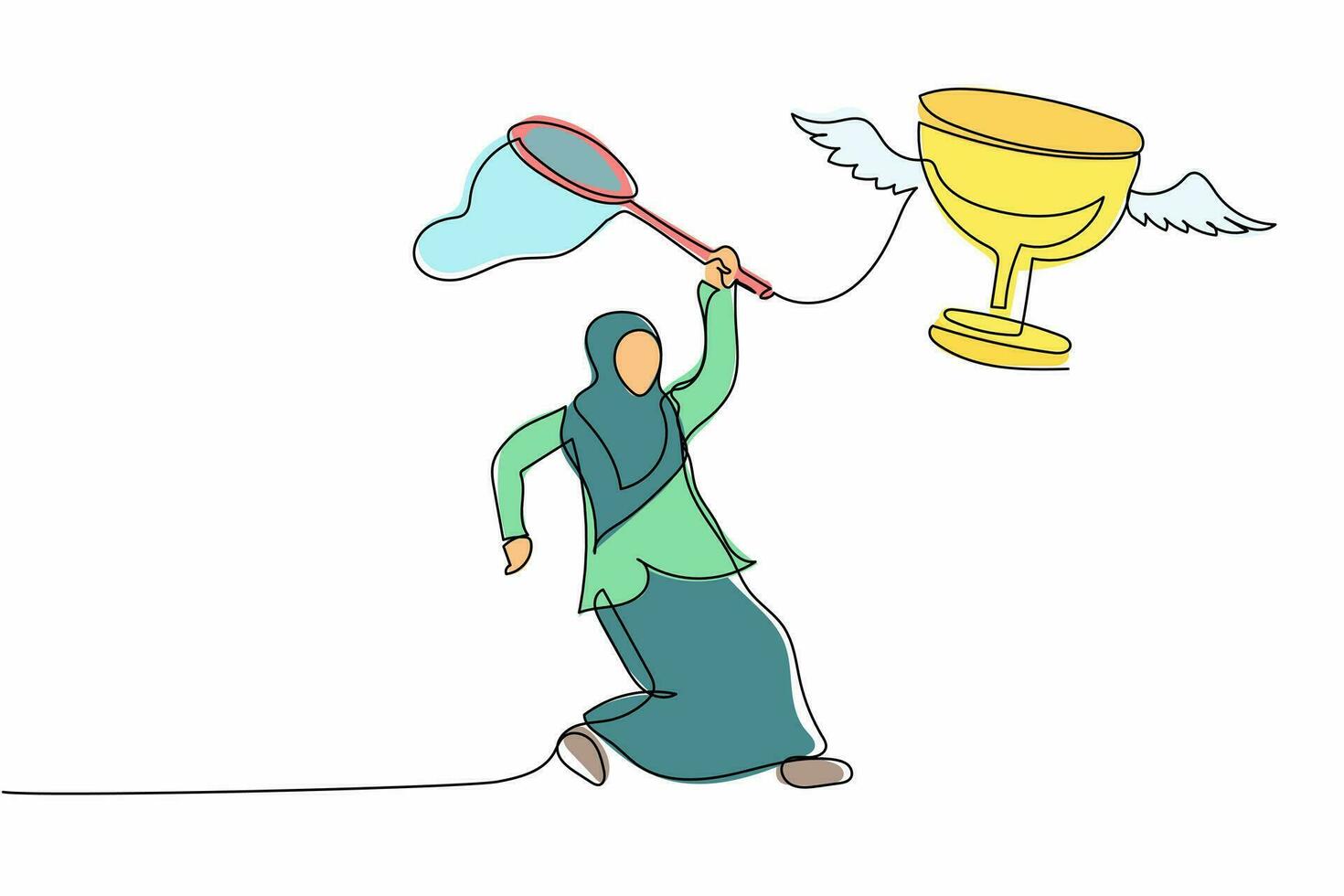 Single continuous line drawing Arabian businesswoman try to catching flying trophy with butterfly net. Losing victory competition. Failed the match. One line draw graphic design vector illustration