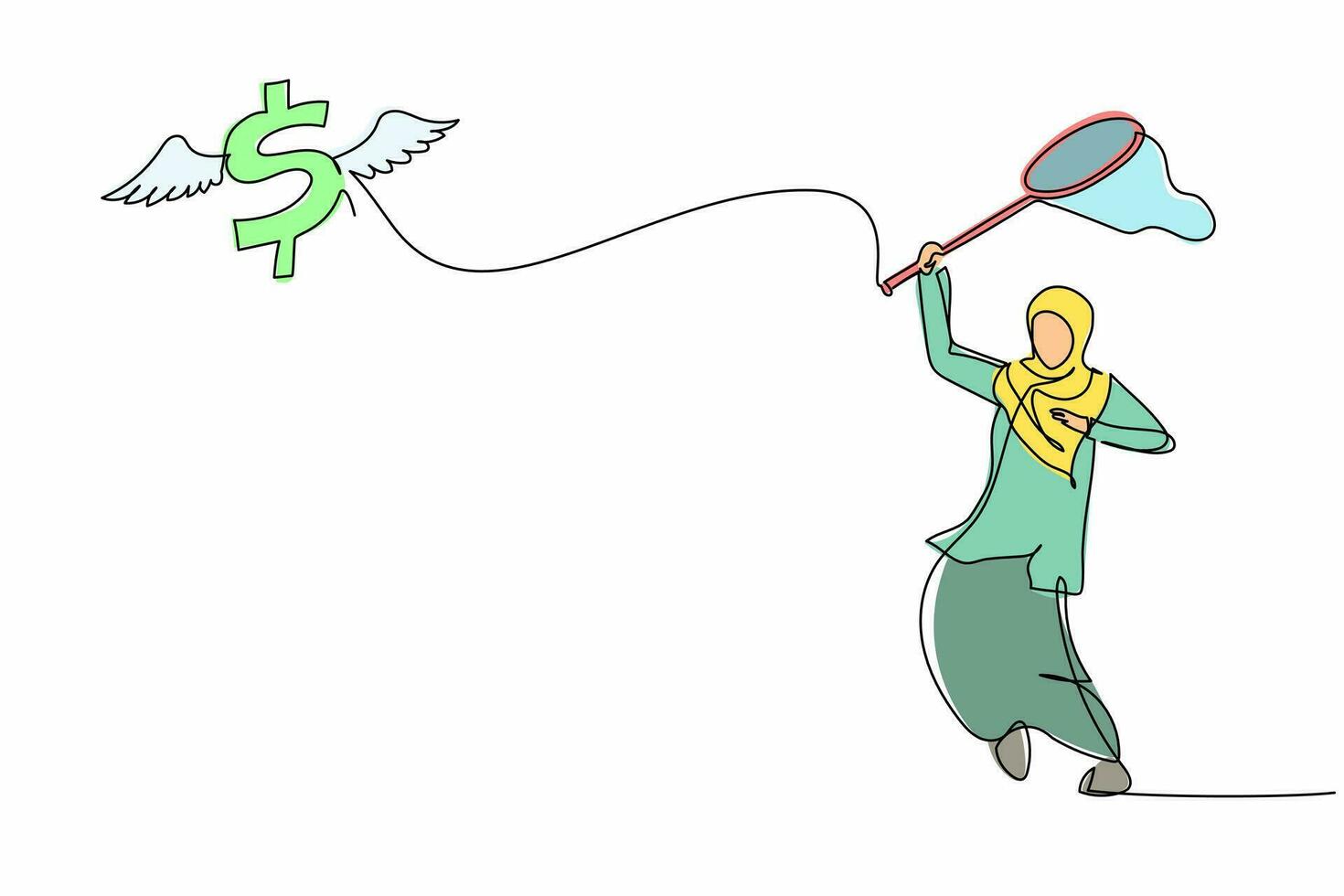 una sola línea continua dibujando una mujer de negocios árabe intenta atrapar el símbolo del dólar volador con una red de mariposas. la inflación del dólar hace que los precios suban. ilustración de vector de diseño gráfico de dibujo de una línea