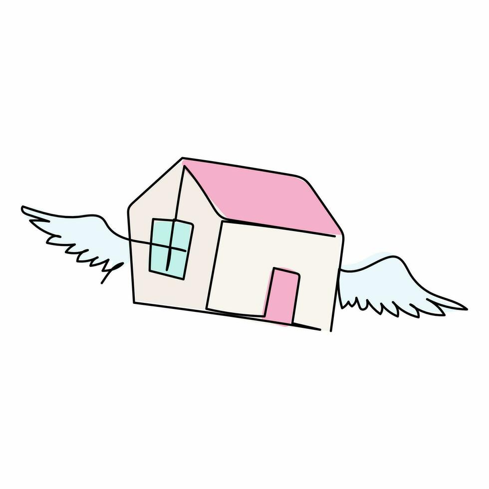 Single one line drawing flying house logo with wings. House of wings in weightlessness. Flying dream and hope. Flying high for property company. Continuous line draw design graphic vector illustration