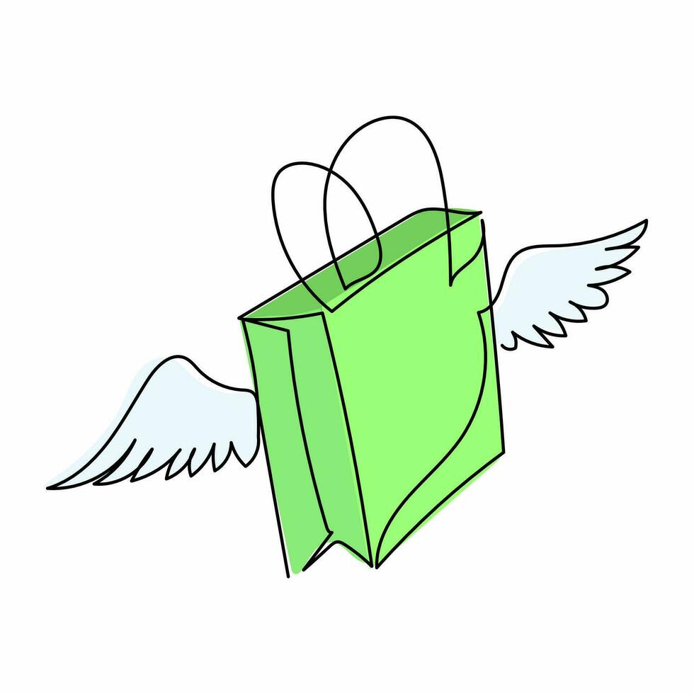 Continuous one line drawing flying shopping paper bag with wings. Delivery logo symbol, cargo shipping dropship. Online shop store service mascot. Single line draw design vector graphic illustration
