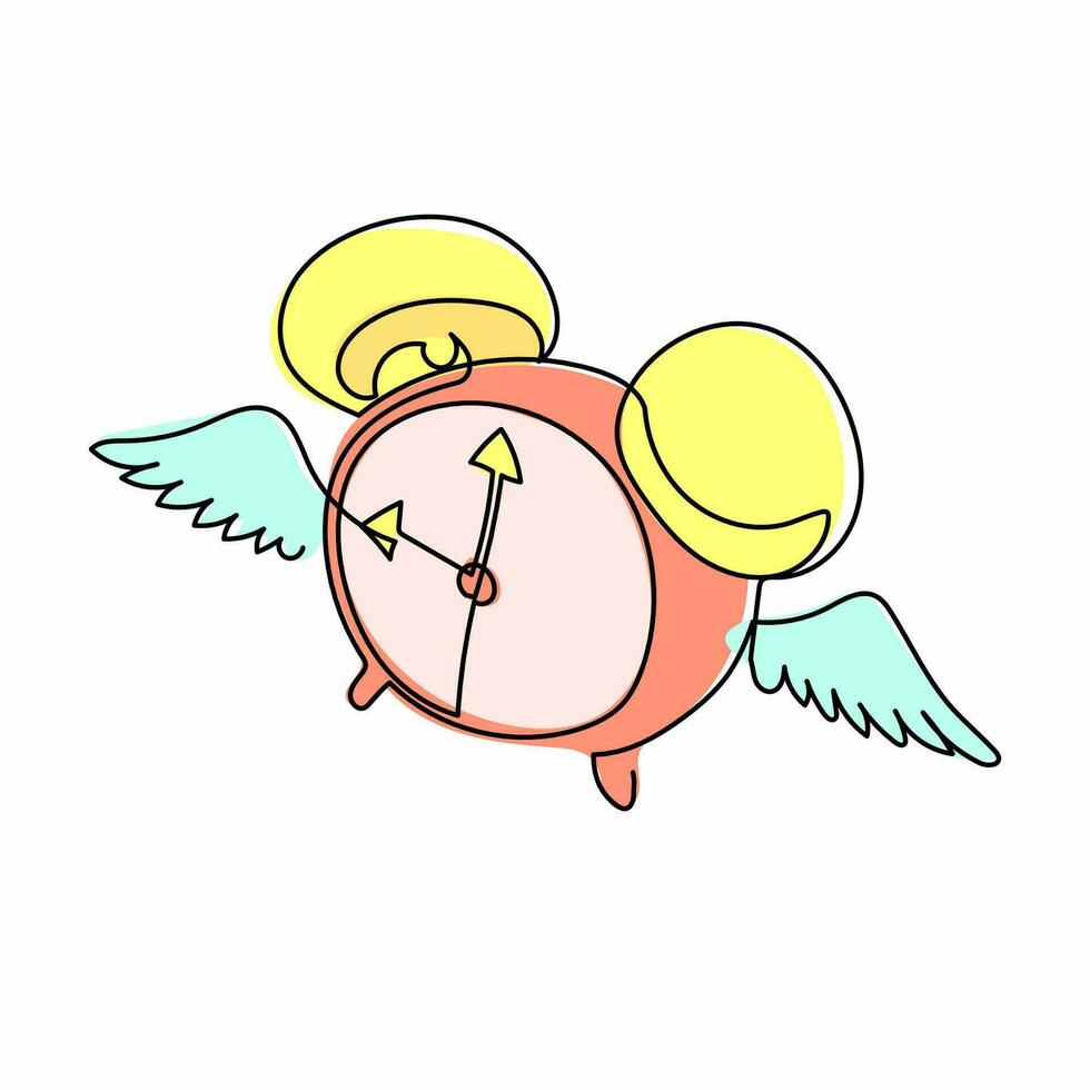 reloj despertador volador de dibujo de una linea continua con alas. despertador con ala volando en