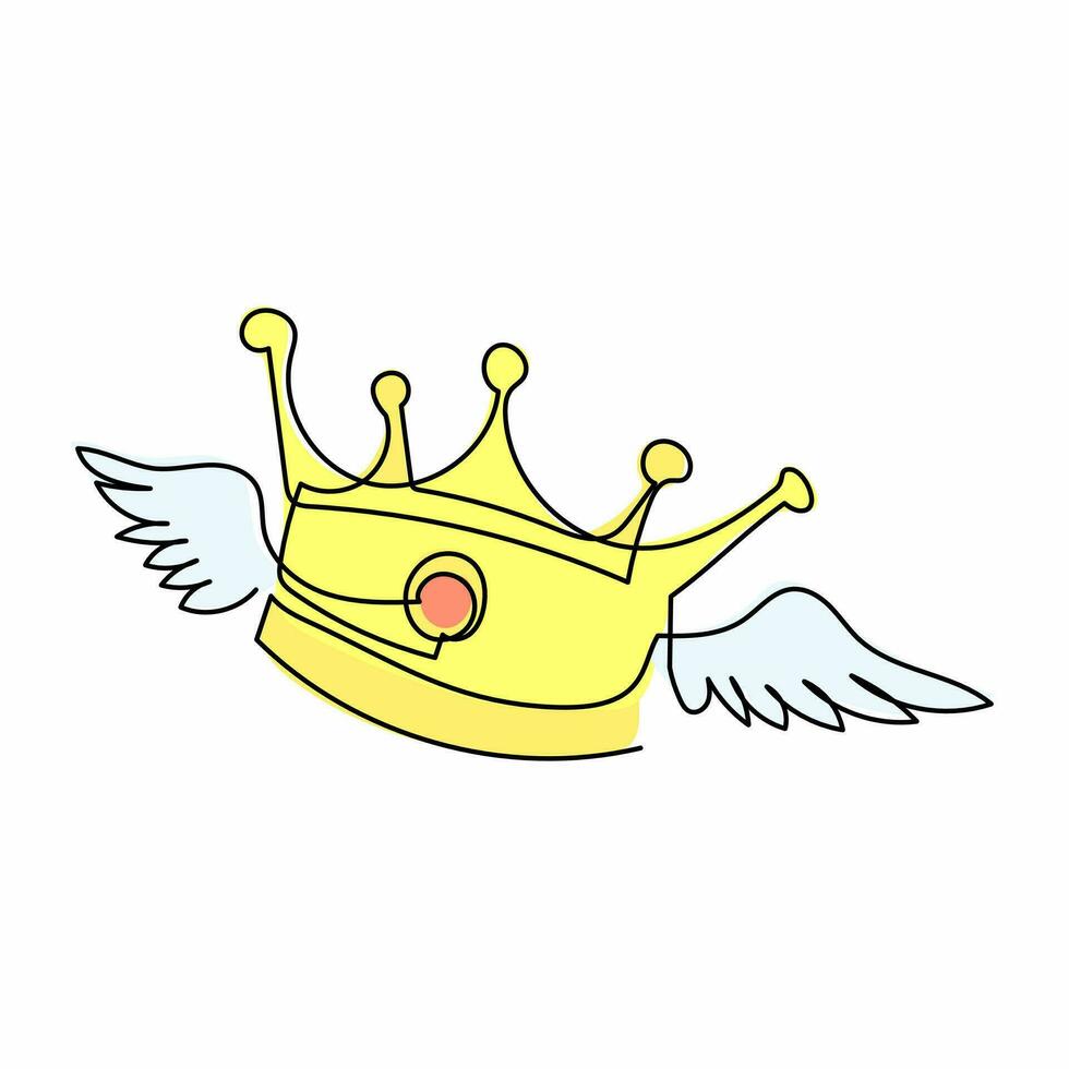 Single continuous line drawing flying crown with wings. Classic King crown badge with wings. Creative logo illustration design element for. Dynamic one line draw graphic design vector illustration