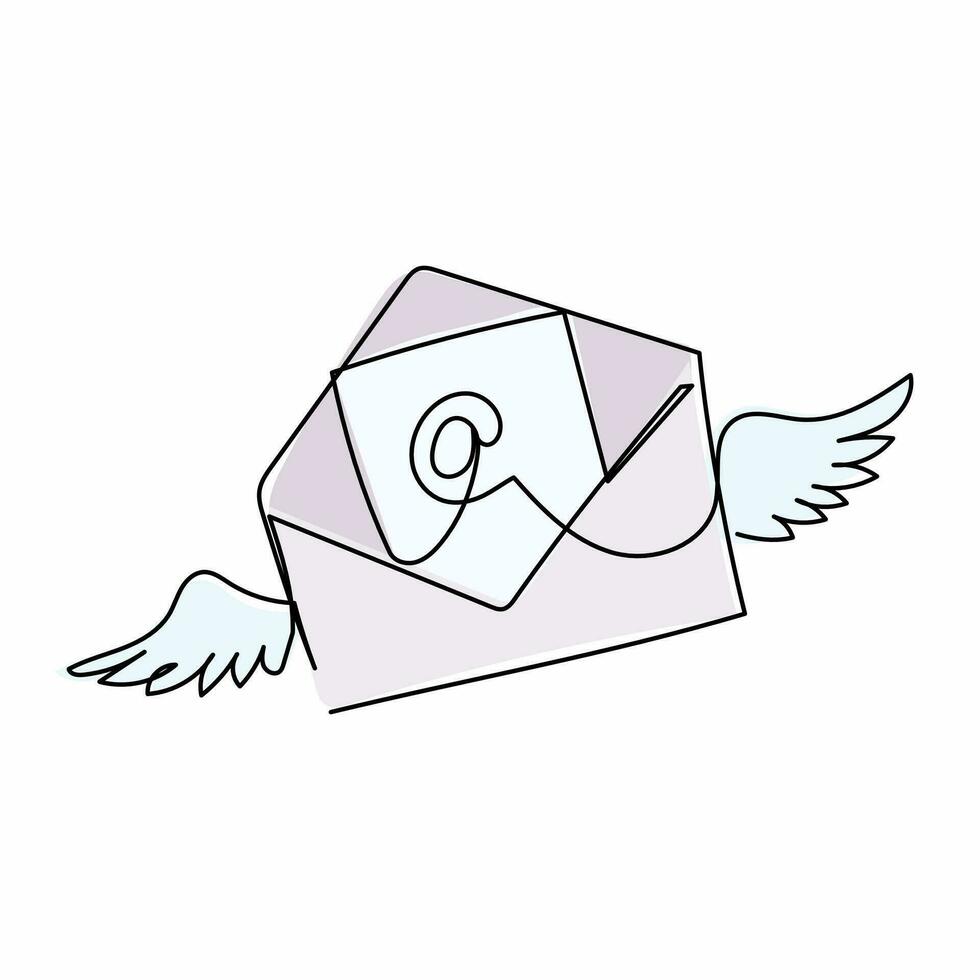 Continuous one line drawing flying mail envelope with wings. Incoming message has been read. Decoration for greeting cards, prints for clothes, posters. Single line design vector graphic illustration