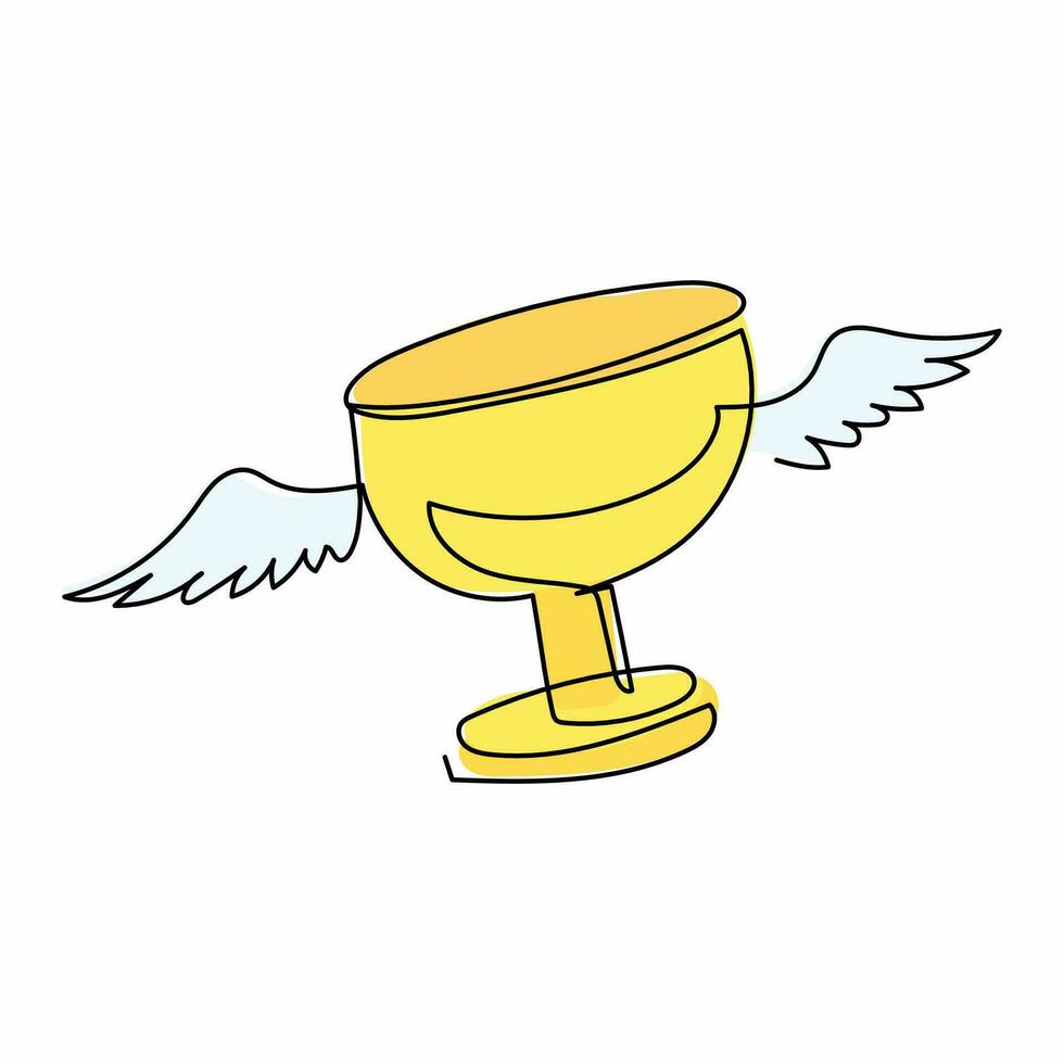 Single one line drawing flying trophy cup with wings. Victory and triumph of person, congratulation on trophy receiving. Championship award. Continuous line draw design graphic vector illustration