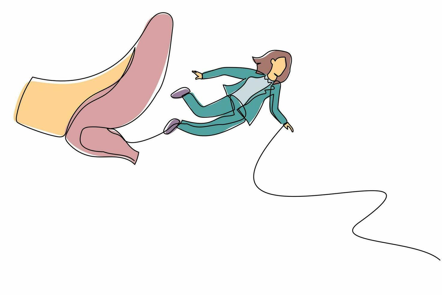 una sola mujer de negocios dibujando una línea siendo despedida, volando por el aire después de ser pateada en la espalda. concepto de metáfora minimalista. ilustración de vector gráfico de diseño de dibujo de línea continua moderna