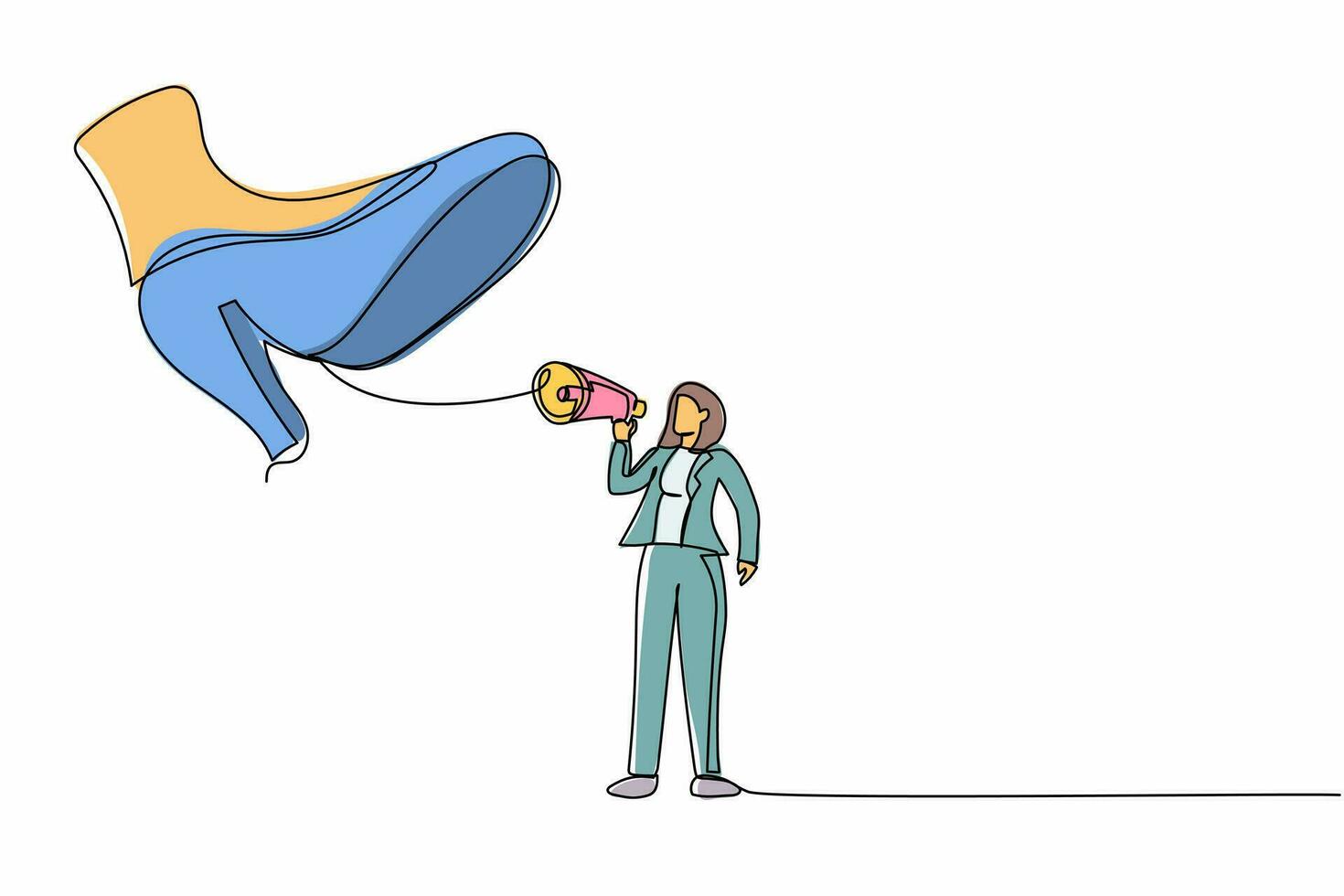 protesta continua de una mujer de negocios con megáfono bajo un zapato gigante. mujer gerente bajo tiranía, concepto de dictadura. metáfora mínima. ilustración gráfica de vector de diseño de línea única