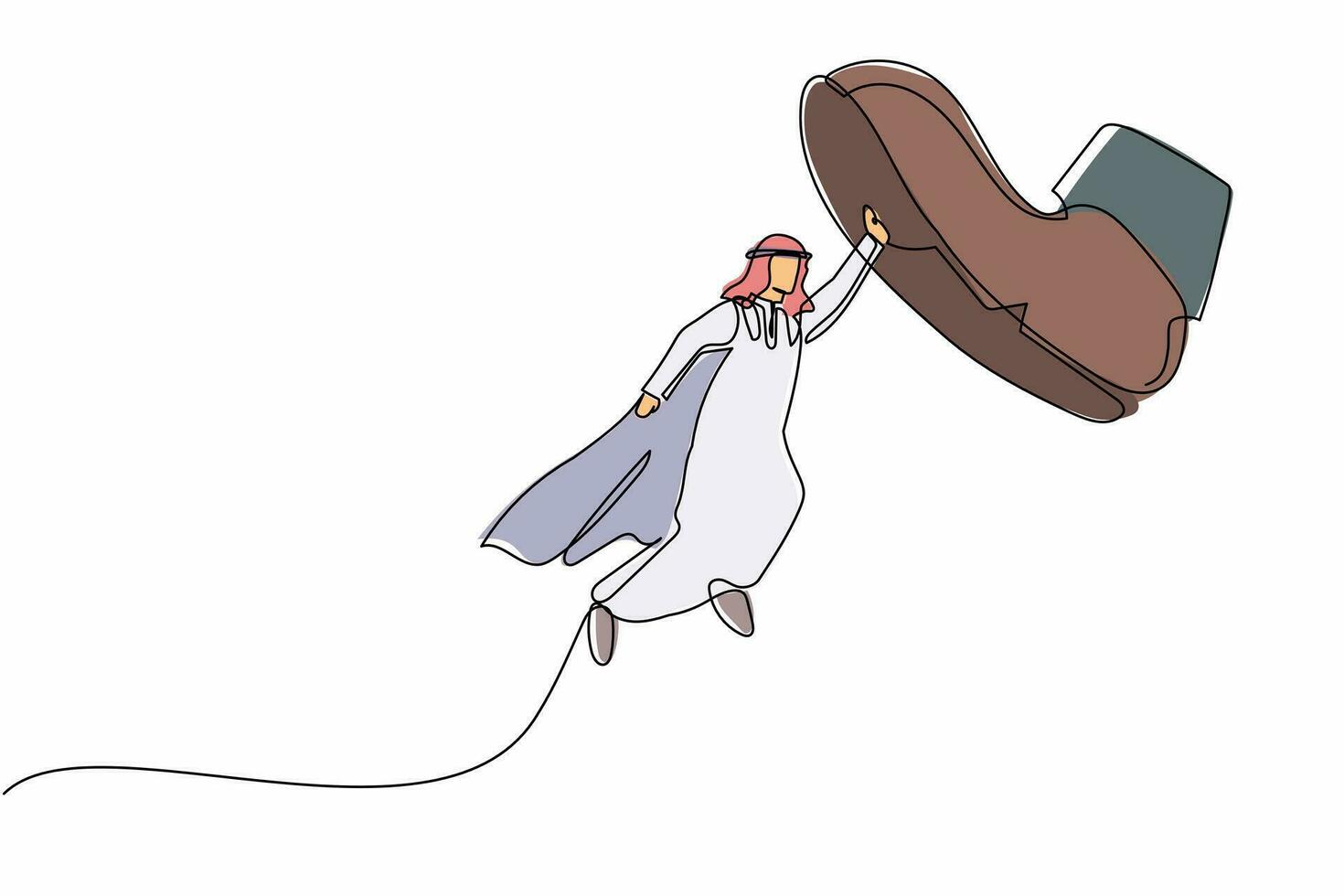 Single one line drawing young Arab businessman flying with heroes capes against giant shoes stomping. Office worker fly up against giant foot step. Continuous line design graphic vector illustration