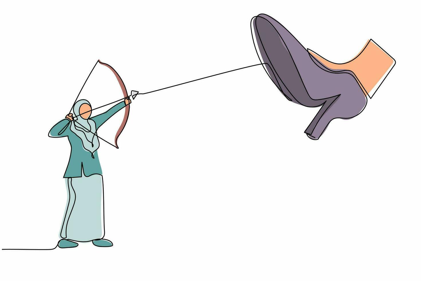 Single continuous line drawing active Arab businesswoman aiming bow against giant shoe stomping. Female archering against giant foot step. Minimalism metaphor. One line draw design vector illustration