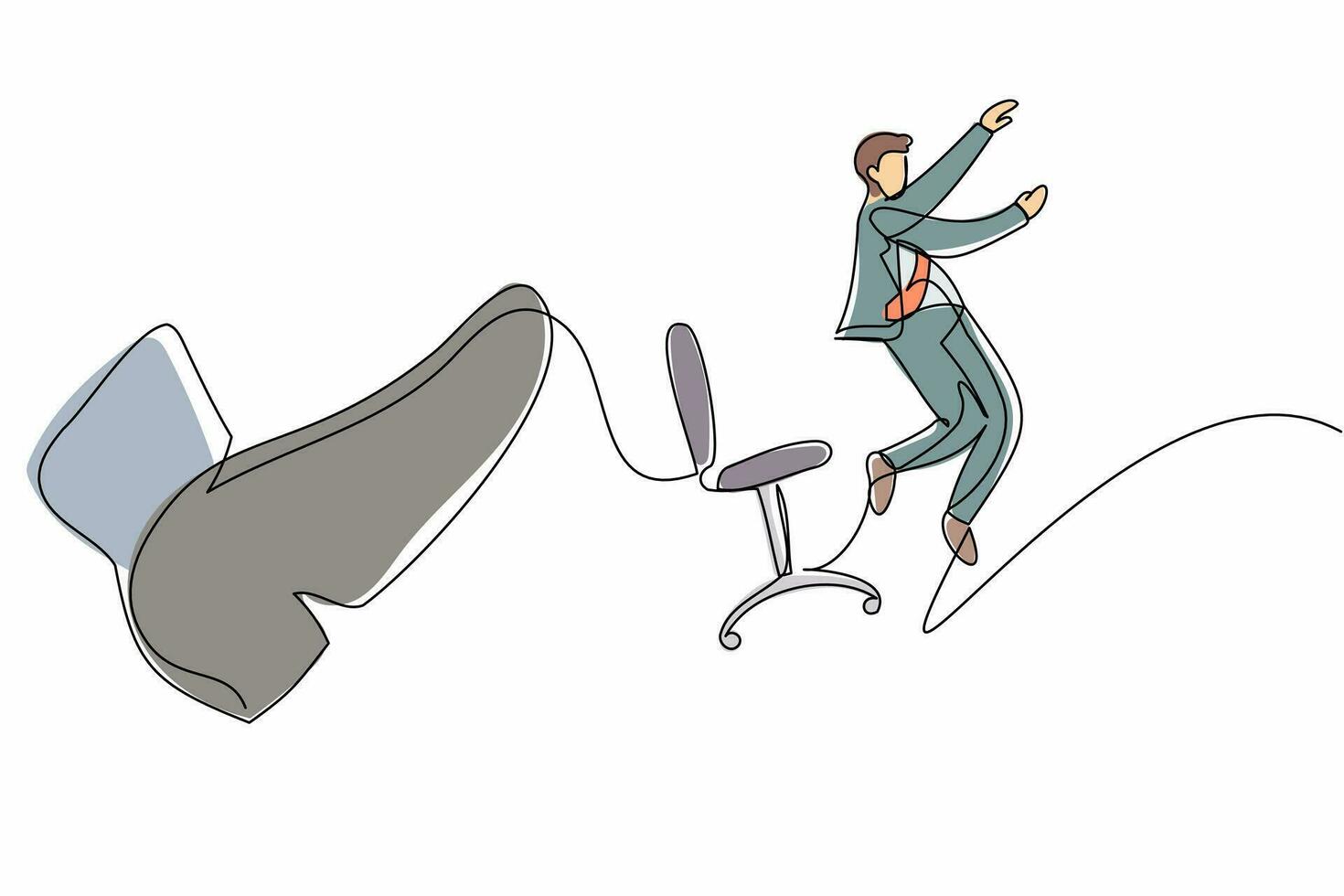 Single continuous line drawing active small businessman kicked out by big foot. Office worker kick away from chair by giant feet. Minimalism metaphor. One line draw graphic design vector illustration