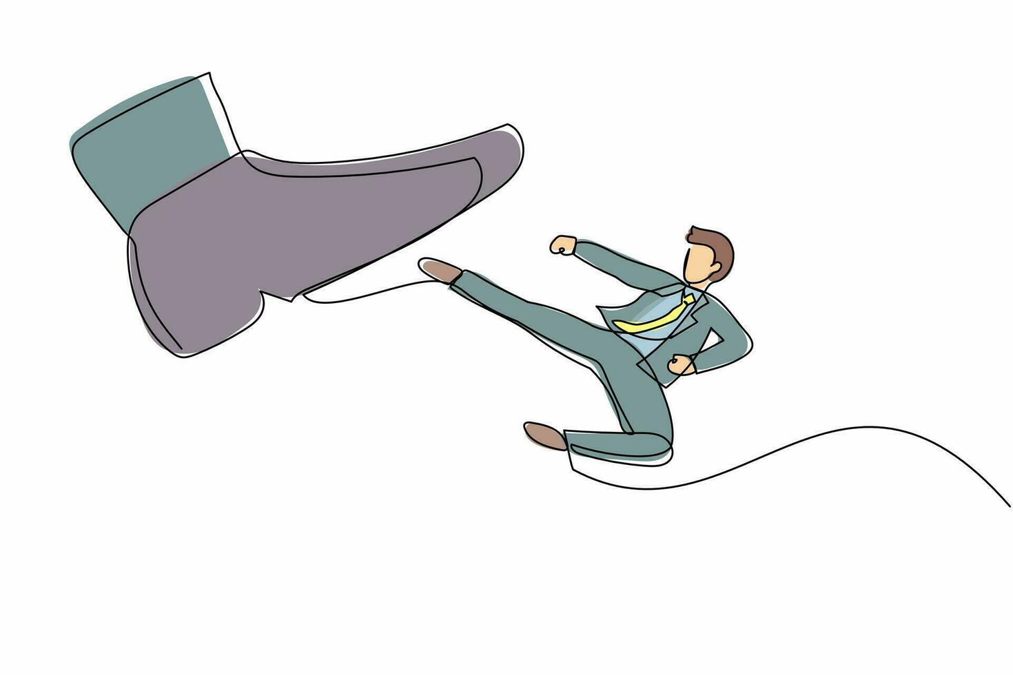 Single continuous line drawing brave businessman kick giant foot stomp. Male employee doing flying kick to big boot. Minimalist metaphor concept. Dynamic one line graphic design vector illustration