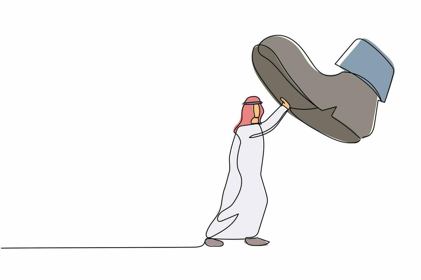 Continuous one line drawing brave Arabian businessman against giant shoes stomping. Manager push against giant foot step. Minimal metaphor concept. Single line draw design vector graphic illustration