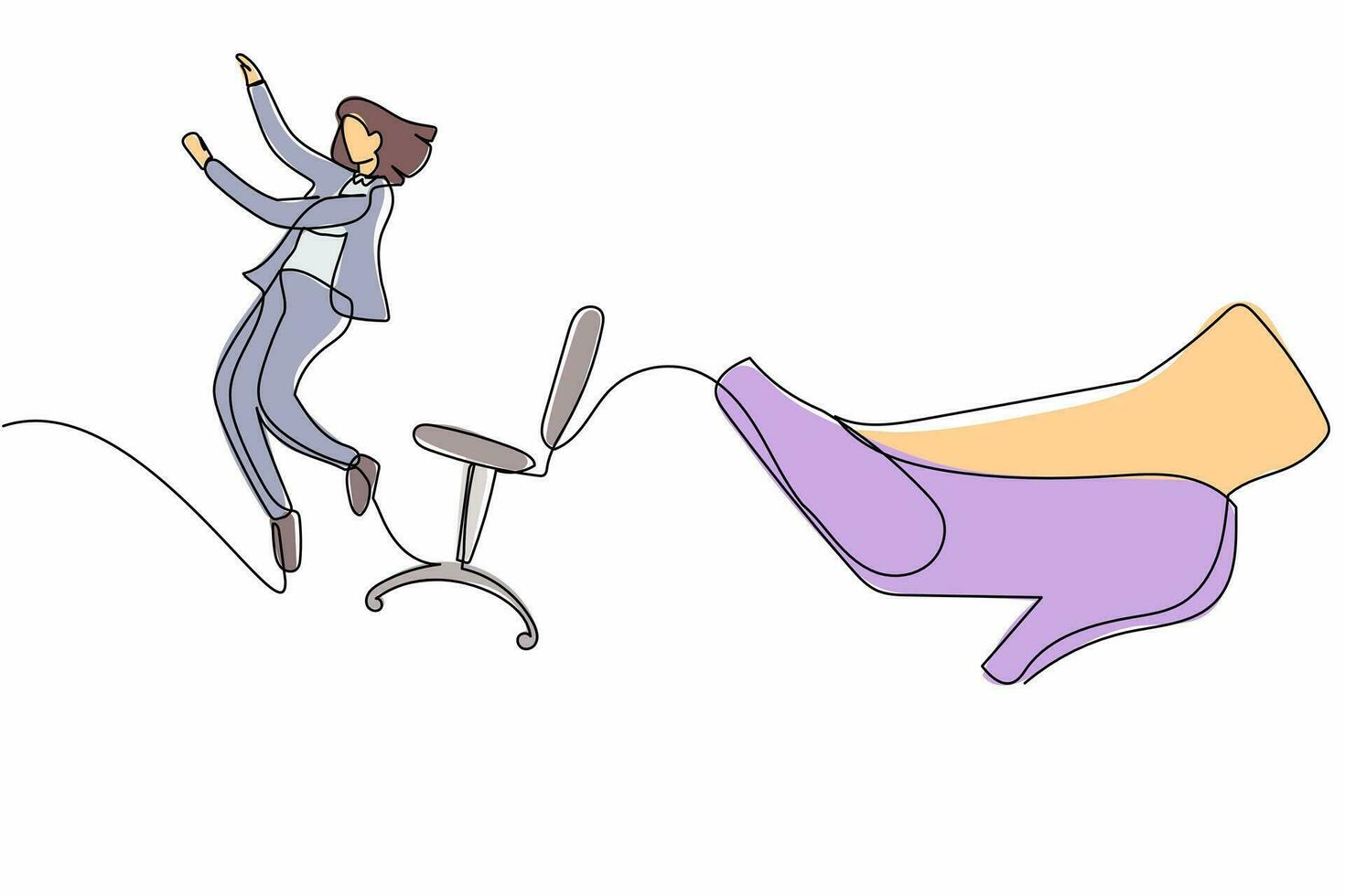 Single one line drawing young small businesswoman kicked out by big foot. Office worker kicked away from chair by giant feet. Minimal metaphor. Continuous line draw design graphic vector illustration