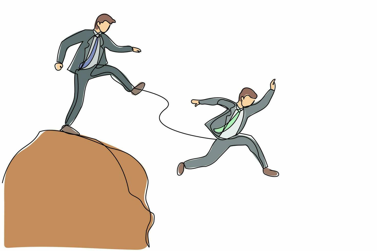 Single one line drawing businessman kick throw male colleague off cliff or hill. Man eliminate rival coworker at workplace. Rivalry and competition. Continuous line design graphic vector illustration