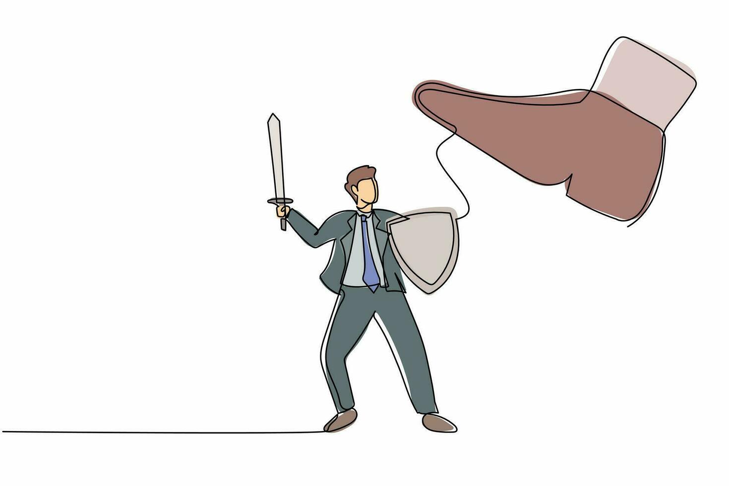 Single continuous line drawing active businessman fight to giant foot with shield and sword. Manager against big shoe stomp with weapon. Minimalism metaphor. One line draw design vector illustration