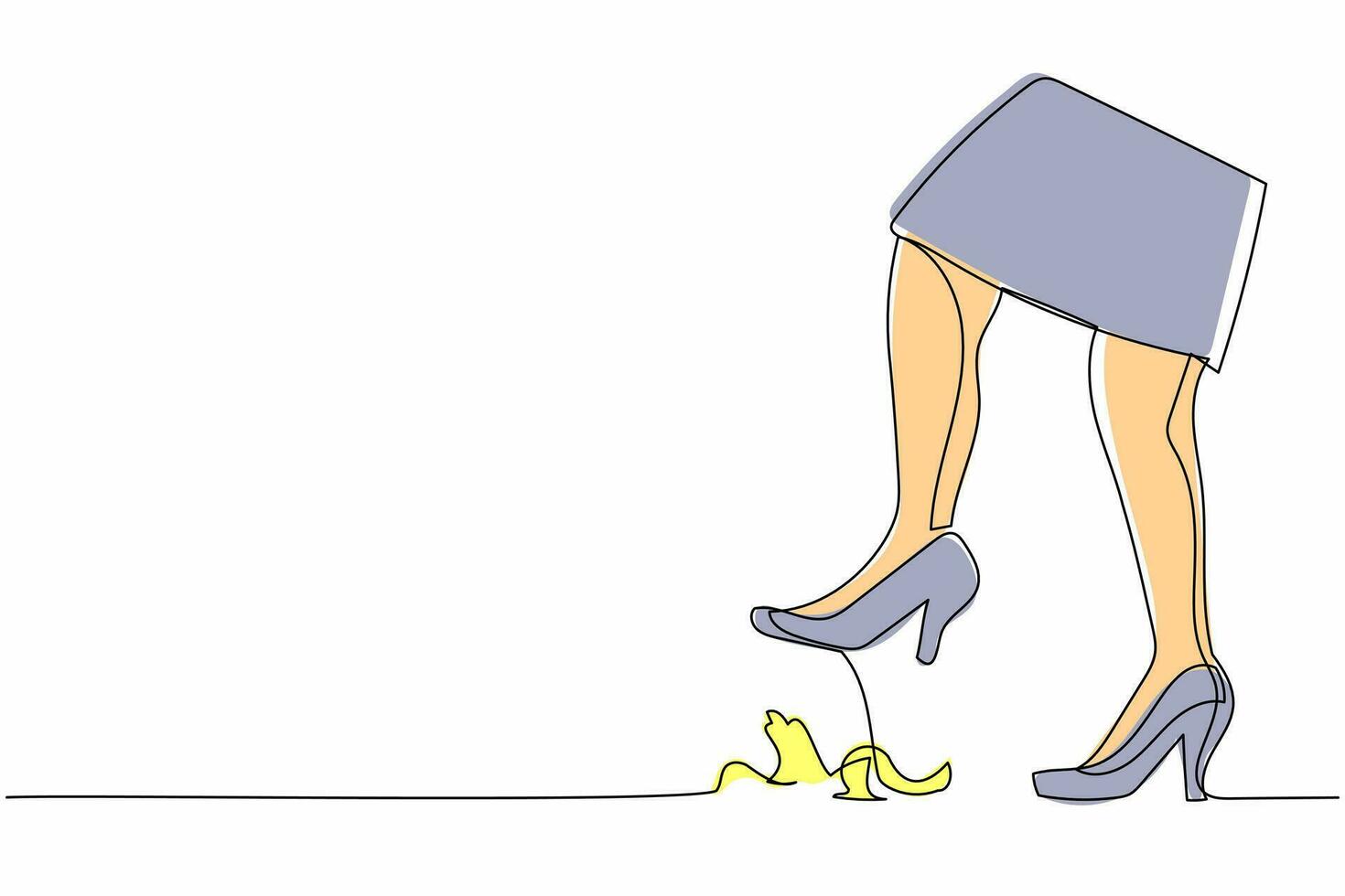 Continuous one line drawing young businesswoman leg step on banana peel. Imminent danger, banana peel underfoot high heels. Minimalist metaphor. Single line draw design vector graphic illustration