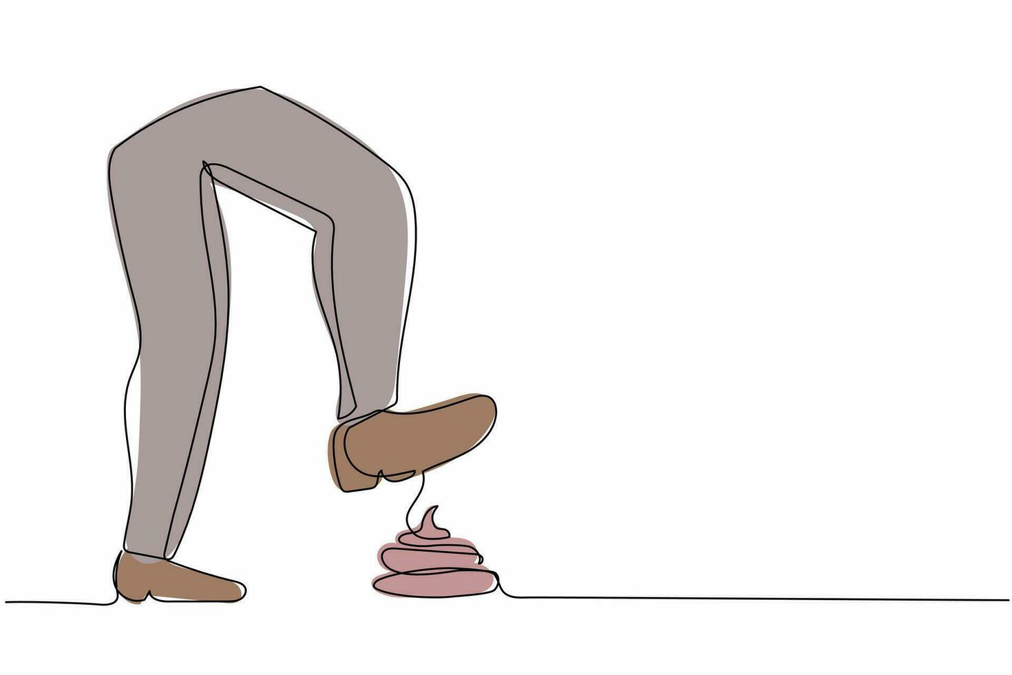 Single continuous line drawing businessman stepped on a pile of dog poop. Shit stuck to the shoe sole. Shit happens, failed project. Business metaphor. One line draw graphic design vector illustration