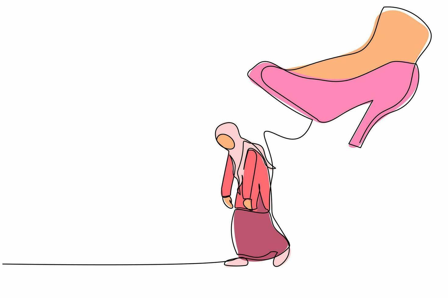 Continuous one line drawing unhappy Arab businesswoman going away with huge high heels kicking her out. Stress employee being fired and kicked out. Single line draw design vector graphic illustration