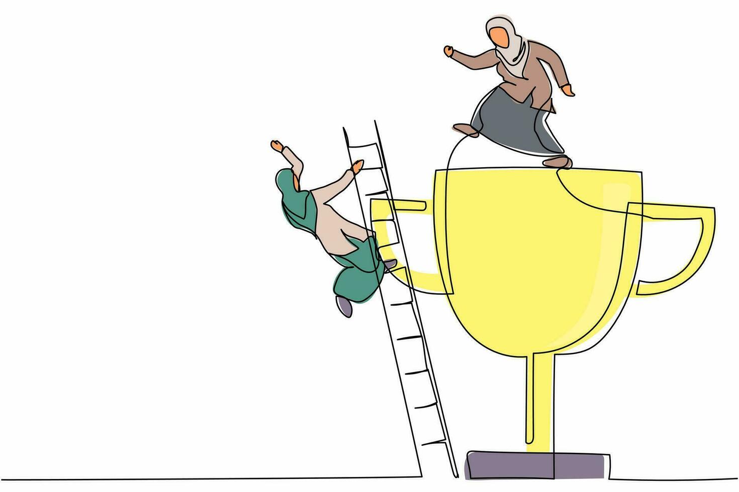 dibujo continuo de una línea codiciosa mujer de negocios árabe pateando a su rival cayendo del trofeo de éxito de la escalera superior. metáfora del competidor tramposo. ilustración gráfica de vector de diseño de línea única