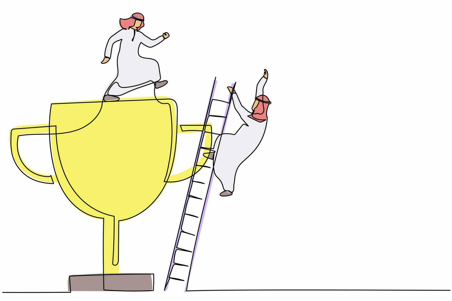 Single continuous line drawing Arabian businessman kicking to make his rival falling down from the top ladder trophy of success. Minimalism metaphor. One line draw graphic design vector illustration