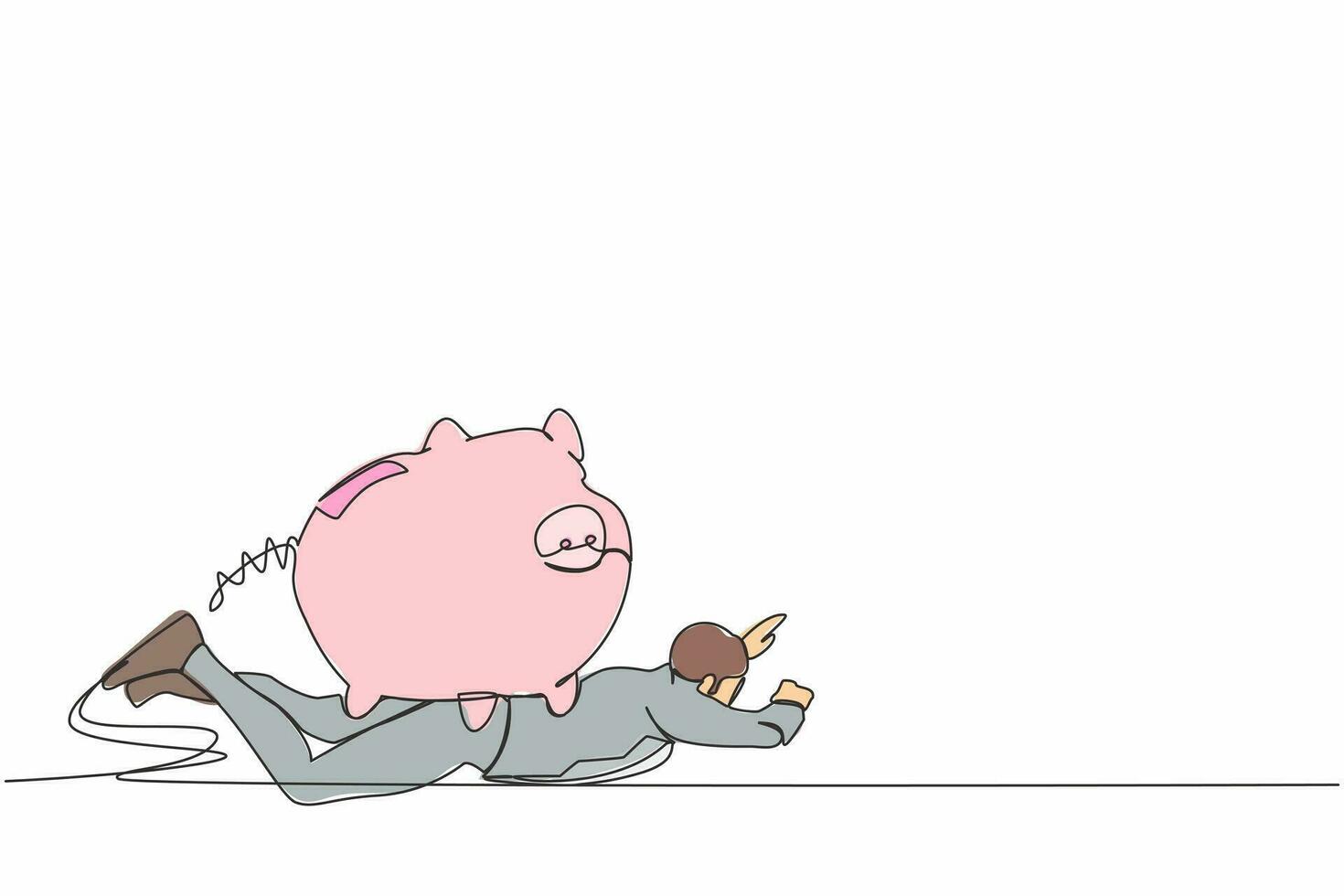 Single continuous line drawing of depressed businessman under heavy piggy bank burden. Broke and financial problems concept. Searching money in crisis. One line draw graphic design vector illustration