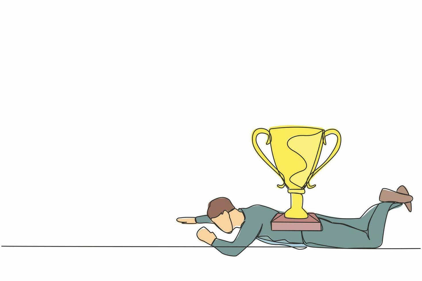 continuo uno línea dibujo Deprimido empresario debajo pesado trofeo carga. joven masculino trabajador fallar a lograr objetivos. retrasado carrera camino a oficina. soltero línea dibujar diseño vector gráfico ilustración