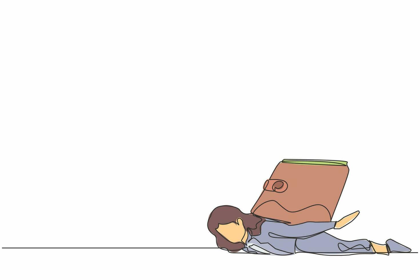 Single continuous line drawing unhappy businesswoman under heavy wallet burden. Stressed worker feeling bankrupt, no money. Financial crisis due to pandemic. One line draw design vector illustration