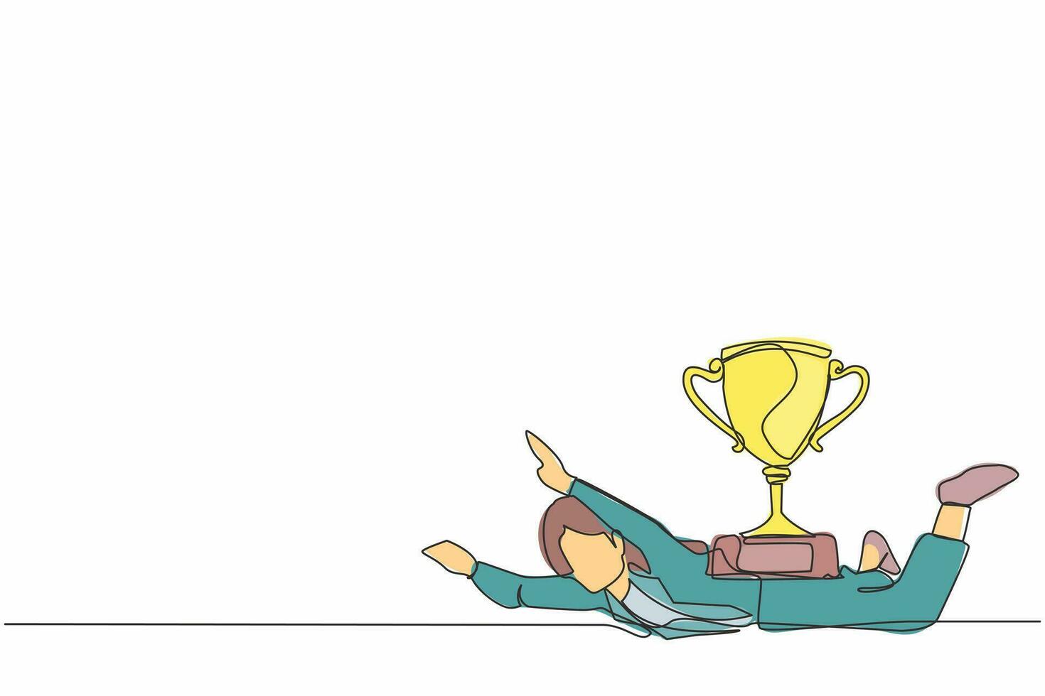 Single continuous line drawing unhappy businesswoman under heavy trophy burden. Office worker failed to win competition or business goals achievement. One line draw graphic design vector illustration