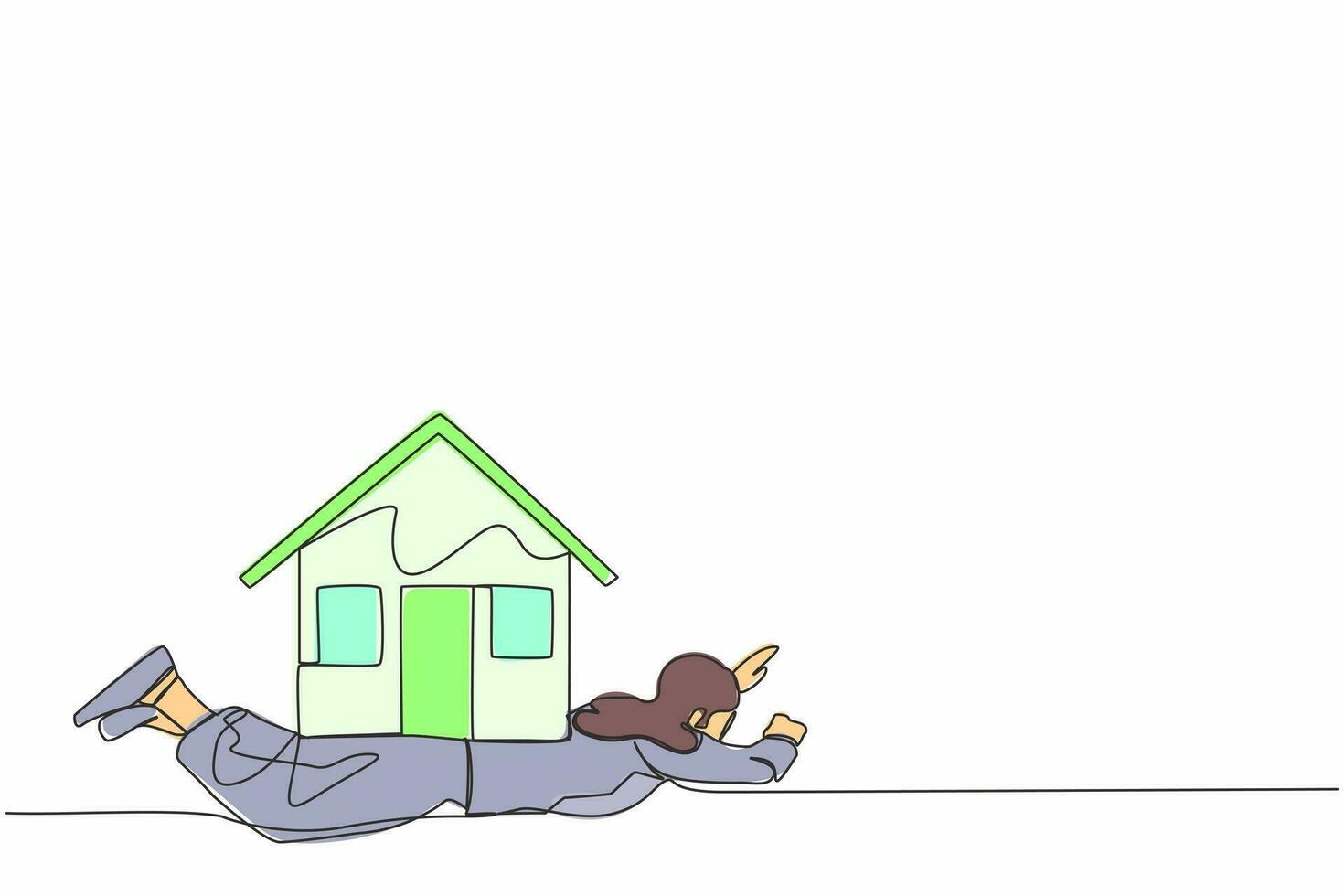 Continuous one line drawing unhappy businesswoman under heavy house burden. Financial mortgage, need pay taxes expenses. Bank loan. Lease, finance concept. Single line draw design vector illustration