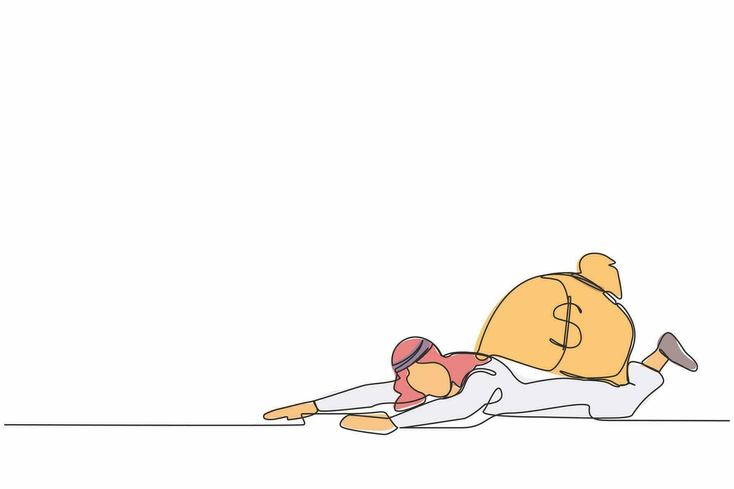 Single one line drawing Arabian businessman under heavy money bag burden. Finance crisis money fall down. Economic crash due to pandemic. Modern continuous line draw design graphic vector illustration