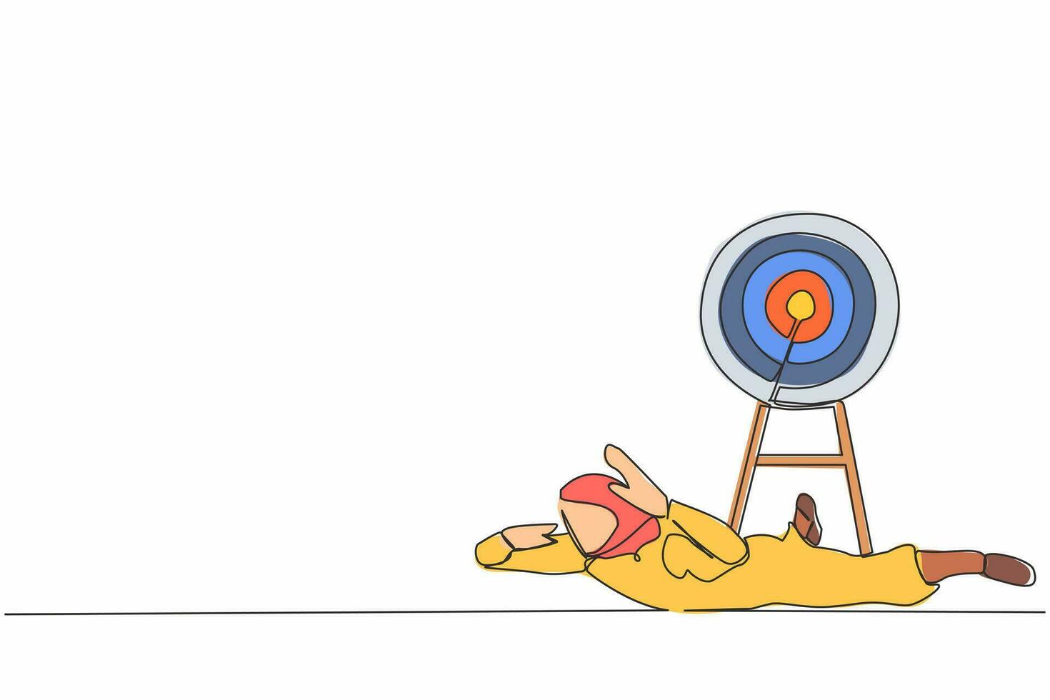 Single continuous line drawing Arabian businesswoman under heavy target burden. Effort and ambition to reach goal or target, challenge to win higher target. One line graphic design vector illustration