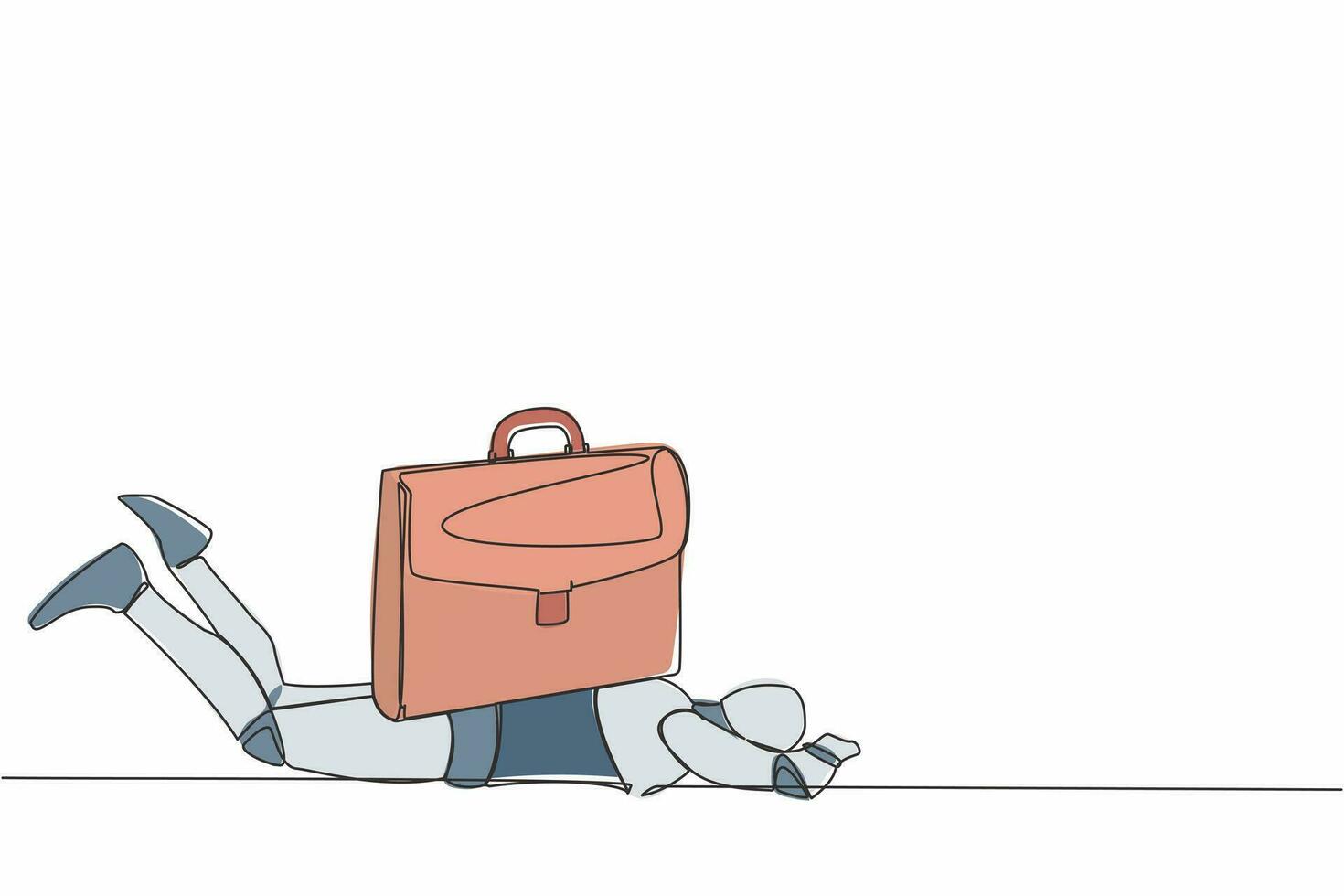 Single continuous line drawing stressed robot under heavy briefcase burden. Pressure from too much responsibility. Artificial intelligence and machine learning processes. One line draw design vector