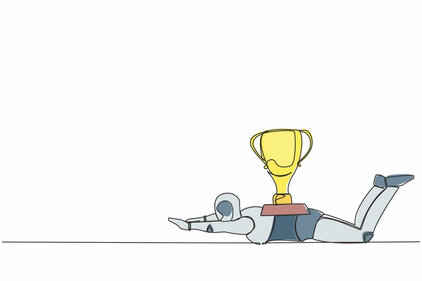 Continuous one line drawing stressed robot under heavy trophy burden. Robot fail to achieve goals. Delayed operation at factory. Future robotic development. Single line draw design vector illustration