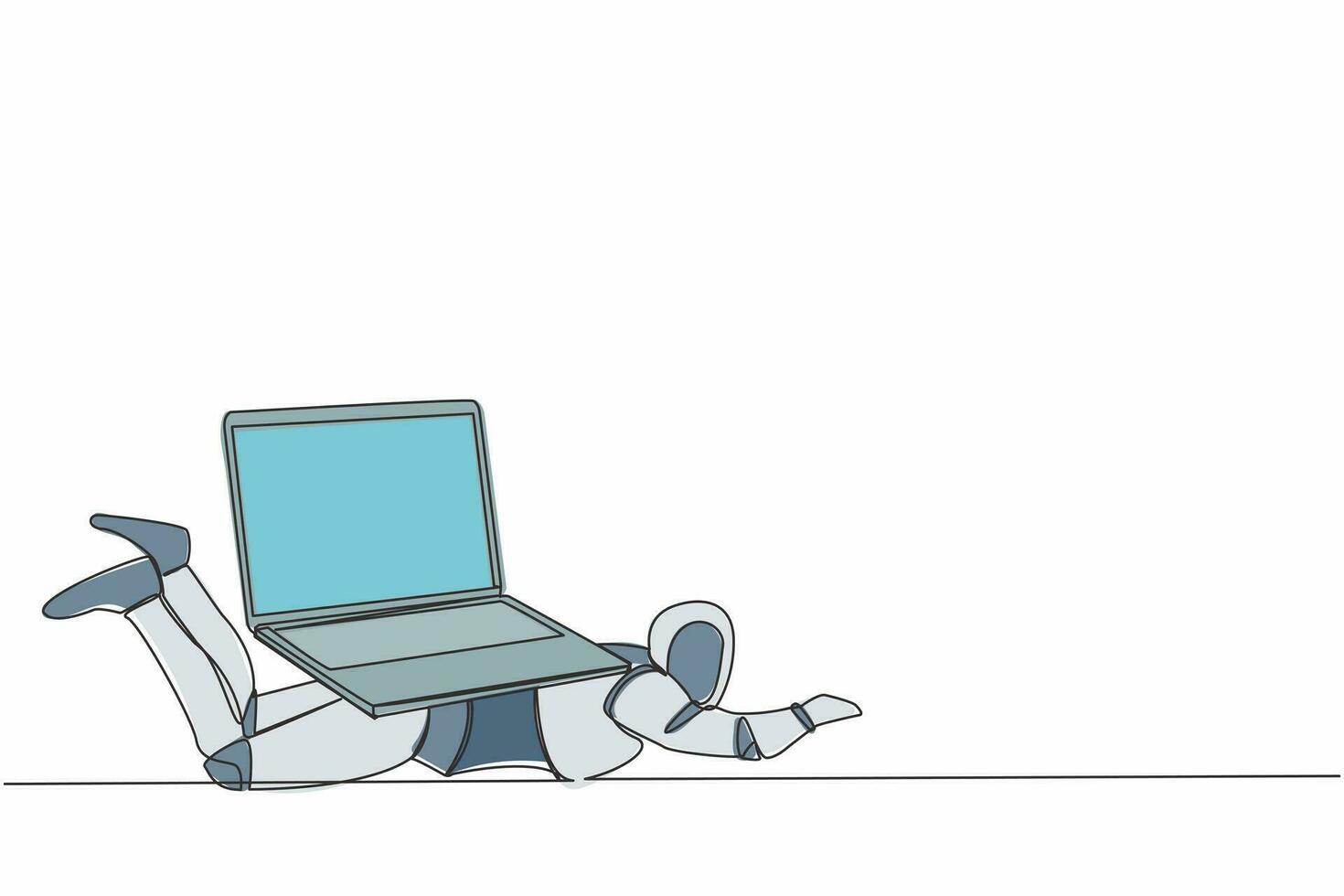 Single one line drawing stressed robot under heavy laptop computer burden. Fatigue or burnout work at tech industry. Robotic artificial intelligence. Continuous line graphic design vector illustration