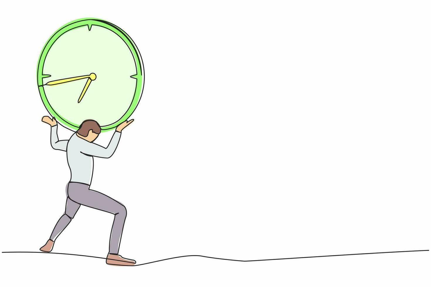 Single continuous line drawing exhausted businessman carrying heavy clock on his back. Stressed worker working under pressure to completed project deadline. One line graphic design vector illustration