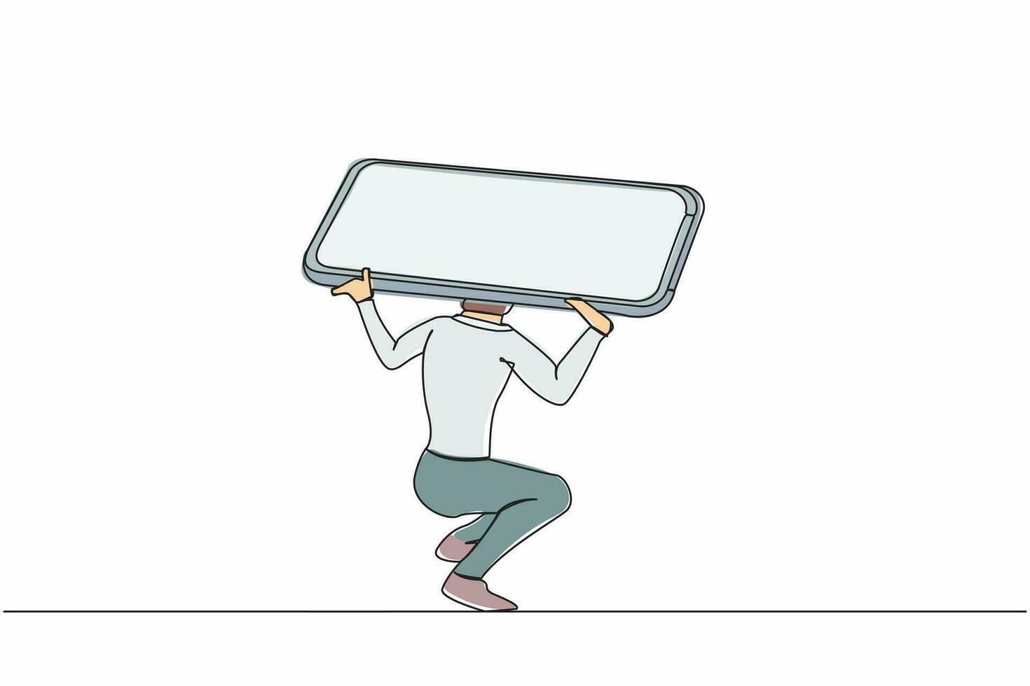 Continuous one line drawing exhausted businessman carrying heavy smartphone on his back. Depression, fatigue, mental stress, frustration due to overworked. Single line draw design vector illustration