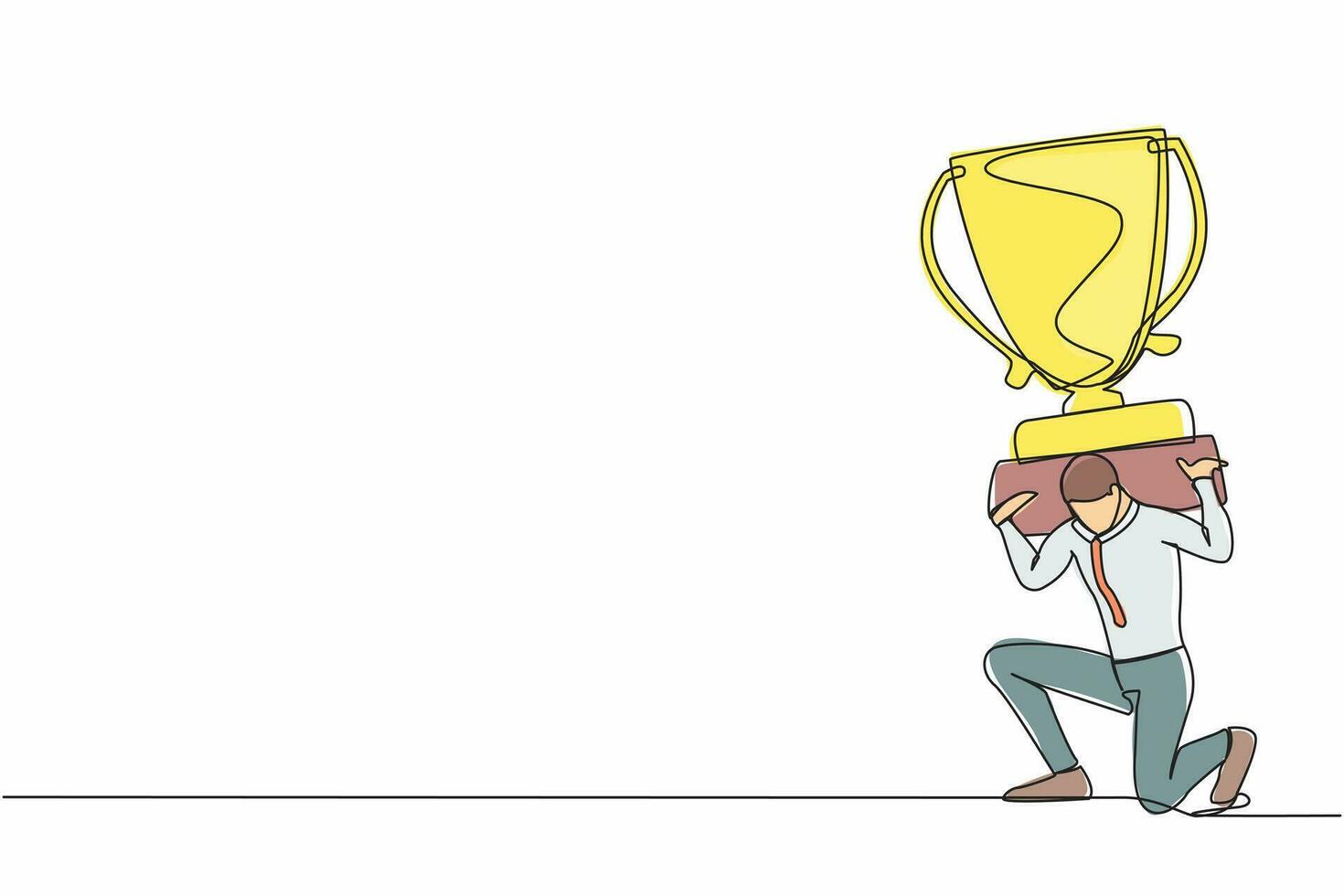 Continuous one line drawing exhausted businessman carrying heavy trophy on his back. Entrepreneur failed to win competition or business goals achievement. Single line draw design vector illustration