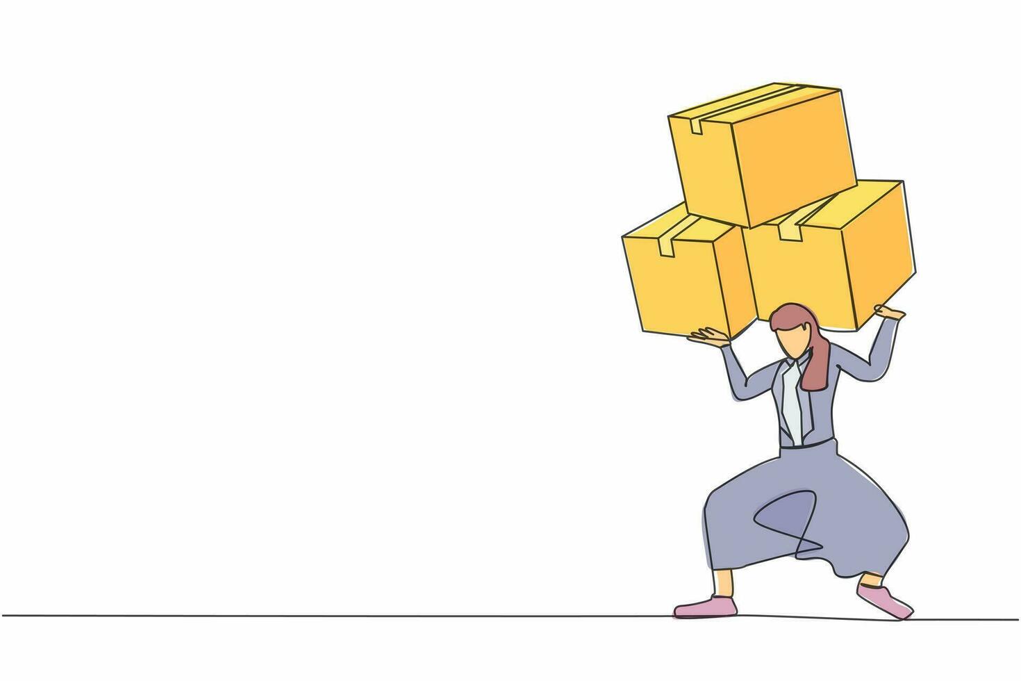 Continuous one line drawing frustrated businesswoman carrying stack of boxes on her back. Overworked worker with pile of cardboard. Stress at work. Single line draw design vector graphic illustration