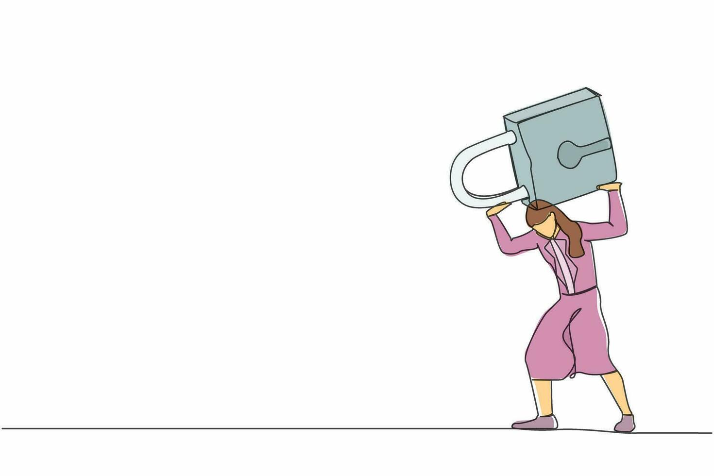 Single one line drawing frustrated businesswoman carrying padlock on her back. Business closing down or bankruptcy in Covid-19 pandemic lockdown crisis. Continuous line draw design vector illustration