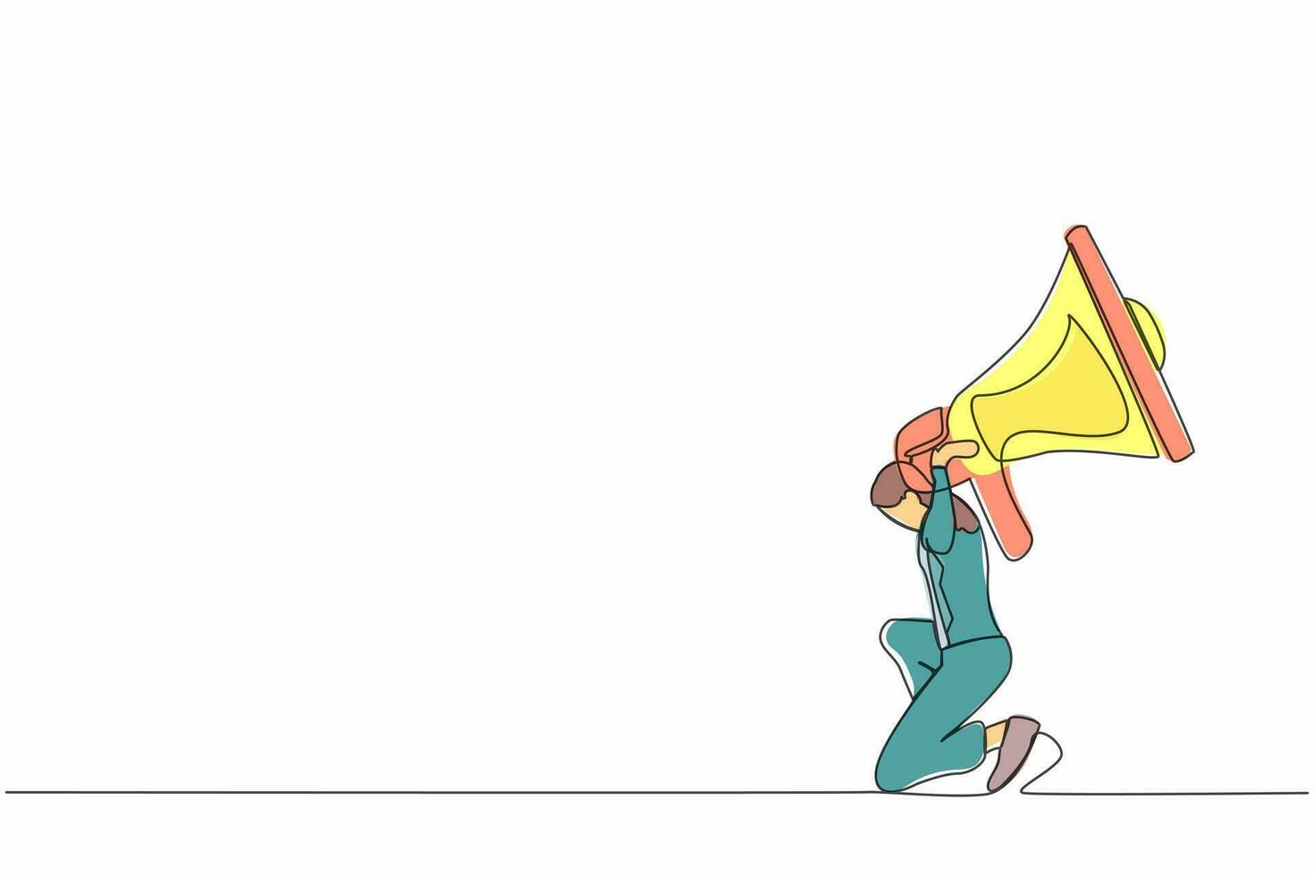 Single one line drawing frustrated businesswoman carrying megaphone on her back. Conflict and trouble in communication. Bullying, harassment at work. Continuous line design graphic vector illustration