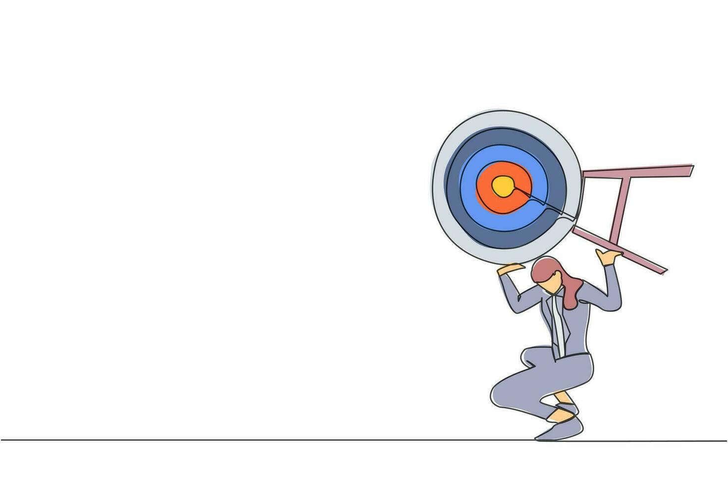 Single one line drawing frustrated businesswoman carrying dart target on her back. Hard work achieve business mission. Exhausted work to achieve goals. Continuous line draw design vector illustration