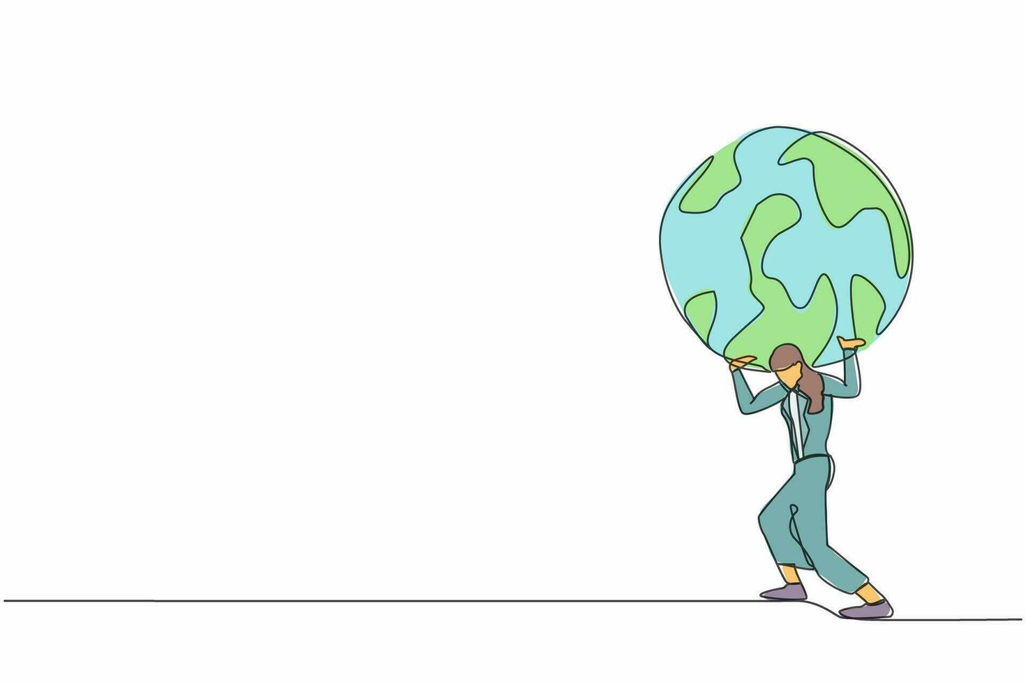 Single one line drawing of frustrated businesswoman carrying globe on her back. Industrial pollution, natural resources, earth exploitation. Economic crisis. Continuous line design vector illustration
