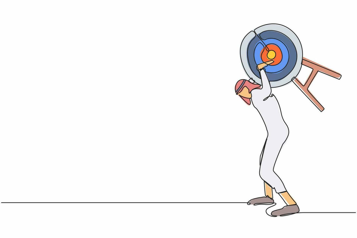 Single continuous line drawing Arabian businessman carrying heavy bullseye target on his back. Hard work achieve business mission. Exhausted challenge to win. One line draw design vector illustration